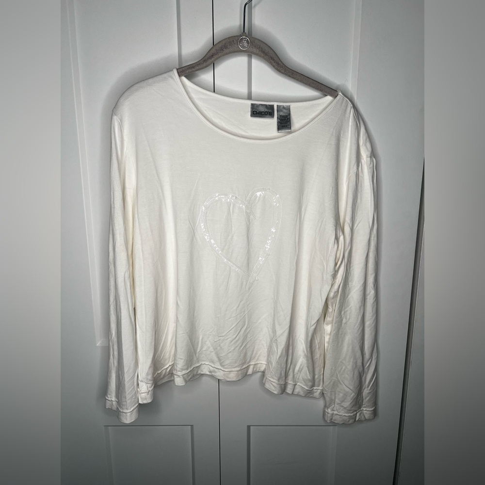 Chico's Sequin Heart Love Long Sleeve Shirt Women's Size XL Chico's 3